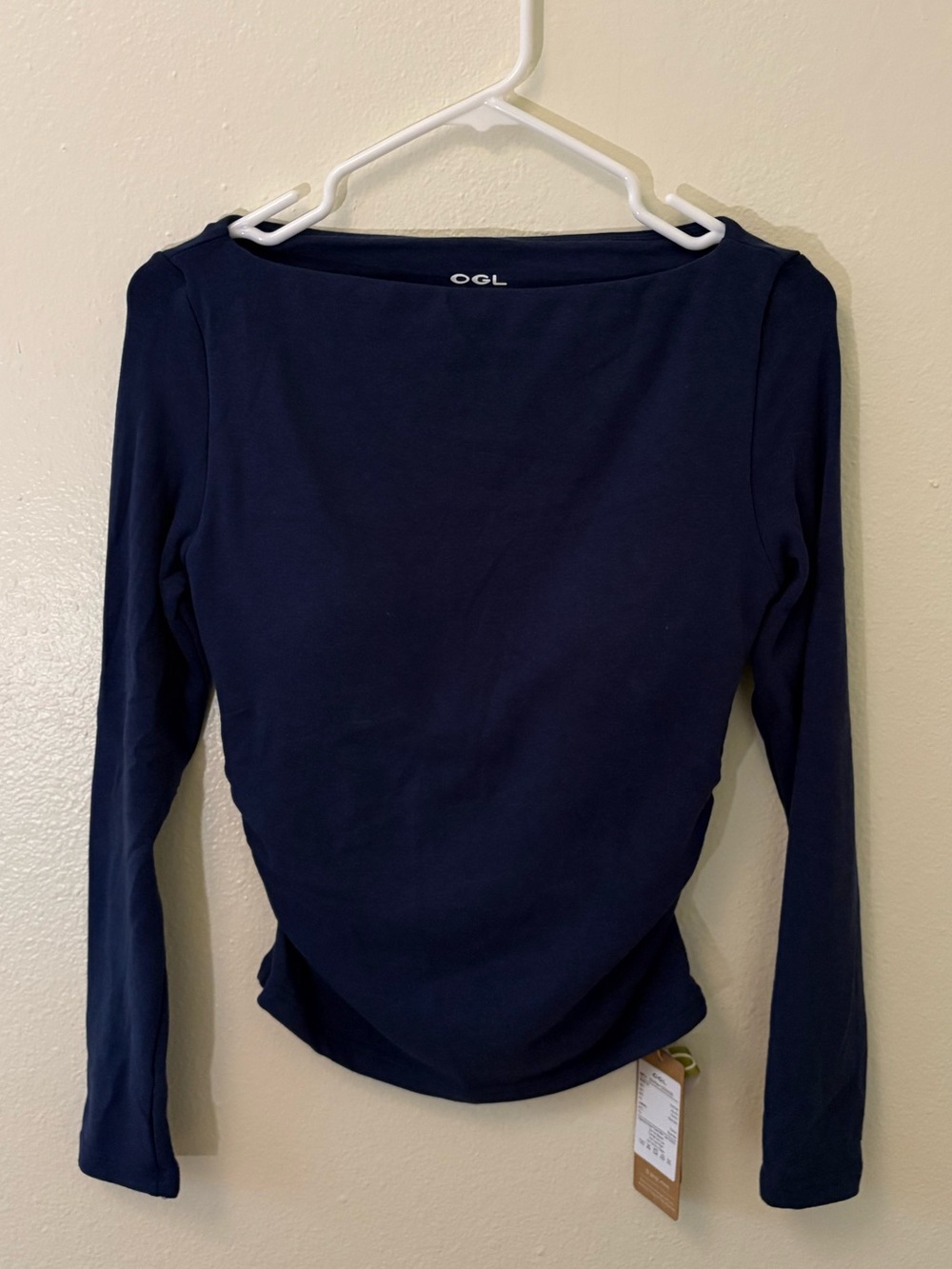 NWT OGL Navy Blue Modern Side Ruched Boatneck Brami Top Stretch Medium